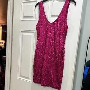 Stretchy Pink Fuchsia Sequin Bodycon Cocktail Dress L NYE Holiday Party